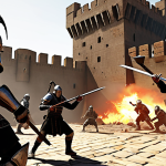 ** A dynamic action shot of a Warrior class character in the middle of a heated fortress siege. The Warrior is using a hybrid build, showing both offensive and defensive abilities. The scene should be chaotic, with other players and siege weaponry in the background. Emphasis on the Warrior's resilience and ability to withstand multiple attacks. The environment should be gritty and war-torn, reflecting the intensity of the siege.

**