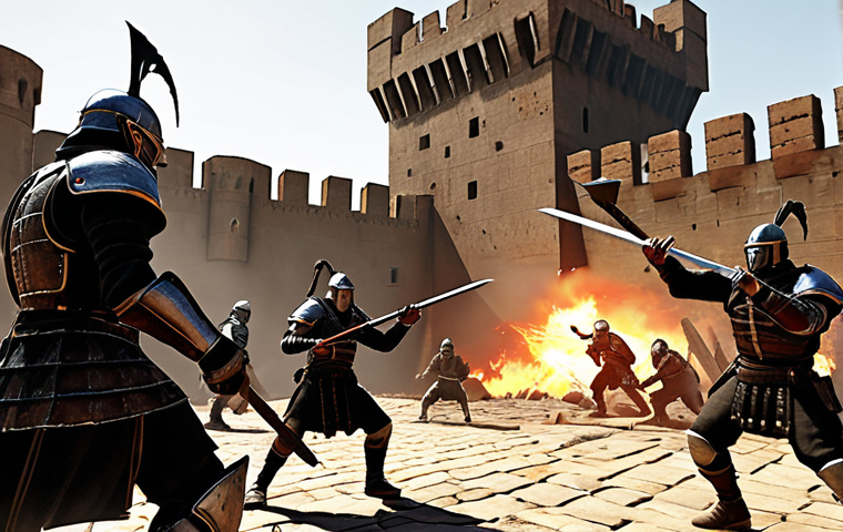 ** A dynamic action shot of a Warrior class character in the middle of a heated fortress siege. The Warrior is using a hybrid build, showing both offensive and defensive abilities. The scene should be chaotic, with other players and siege weaponry in the background. Emphasis on the Warrior's resilience and ability to withstand multiple attacks. The environment should be gritty and war-torn, reflecting the intensity of the siege.

**