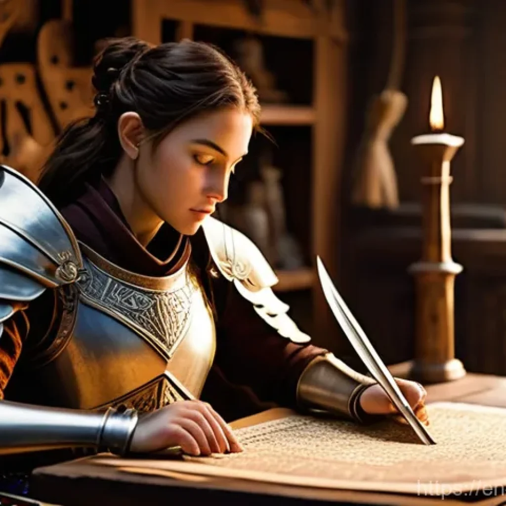 리니지2M 장비별 특수 옵션 - **Prompt:** A focused fantasy adventurer, a seasoned female warrior with practical, full-coverage le...