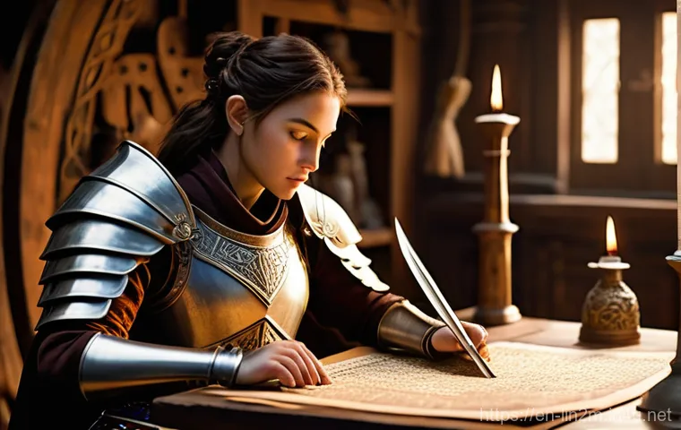 리니지2M 장비별 특수 옵션 - **Prompt:** A focused fantasy adventurer, a seasoned female warrior with practical, full-coverage le...