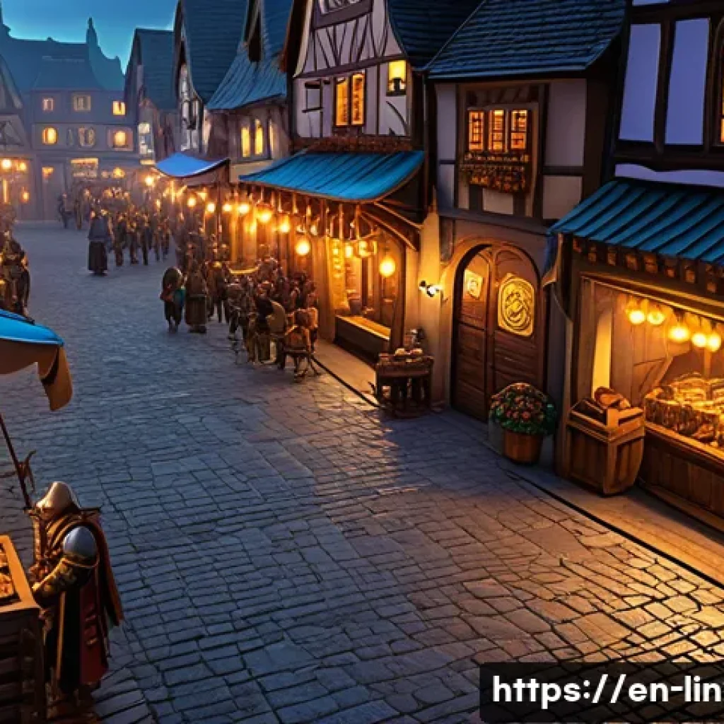 리니지2M 거래소 사용법 - A bustling fantasy MMORPG marketplace scene during peak evening hours, filled with diverse character...