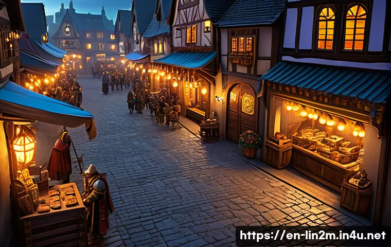 리니지2M 거래소 사용법 - A bustling fantasy MMORPG marketplace scene during peak evening hours, filled with diverse character...