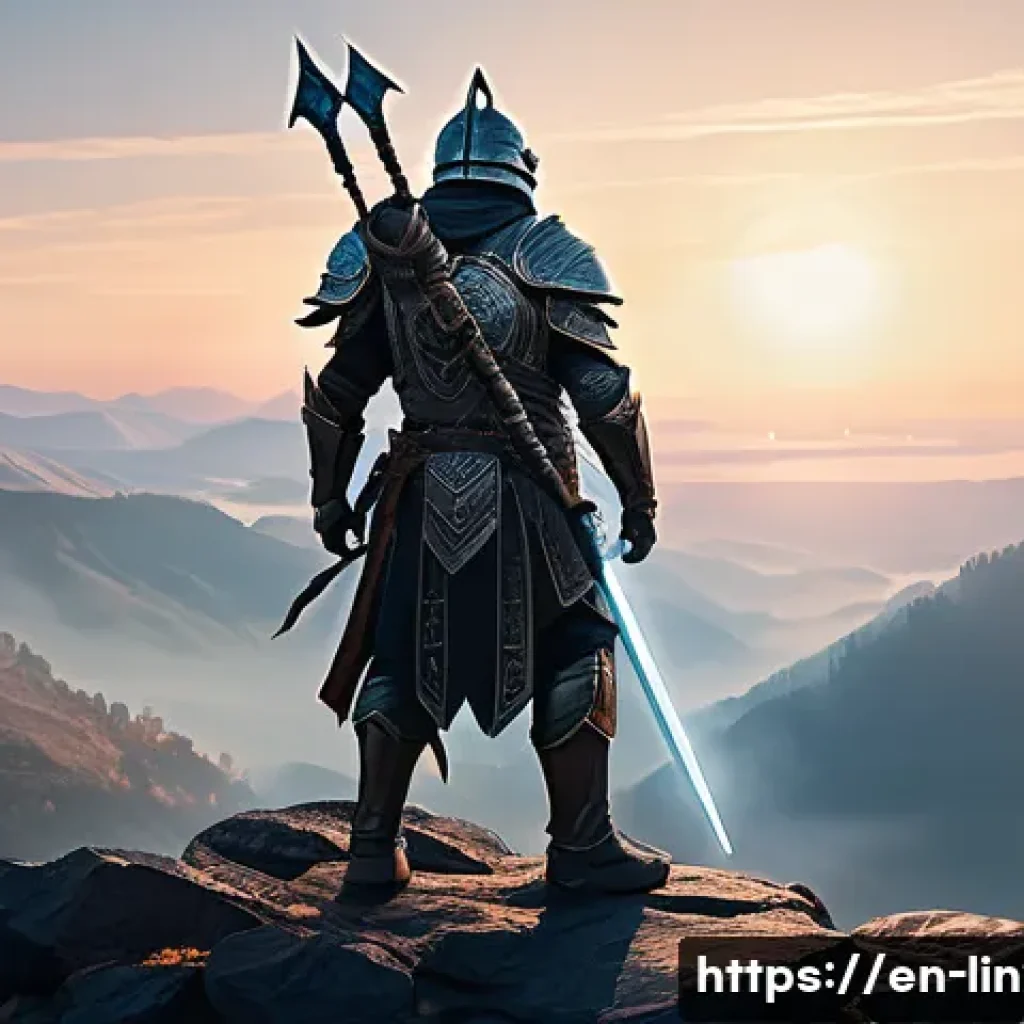 리니지2M 강화 주문서 사용법 - A fantasy warrior standing confidently on a rugged mountain cliff at dawn, clad in intricately detai...