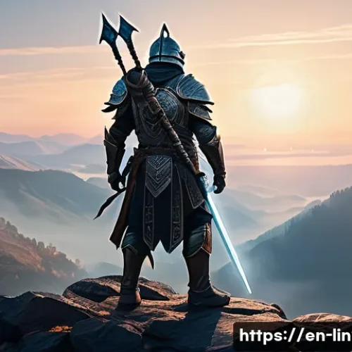 리니지2M 강화 주문서 사용법 - A fantasy warrior standing confidently on a rugged mountain cliff at dawn, clad in intricately detai...