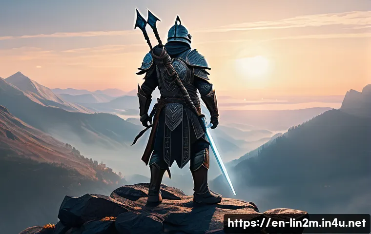 리니지2M 강화 주문서 사용법 - A fantasy warrior standing confidently on a rugged mountain cliff at dawn, clad in intricately detai...