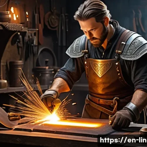리니지2M 방어구 강화 성공 팁 - A detailed fantasy-themed workshop scene showing a skilled blacksmith enhancing mid-tier armor piece...