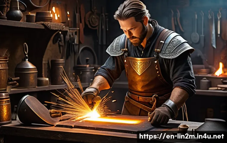 리니지2M 방어구 강화 성공 팁 - A detailed fantasy-themed workshop scene showing a skilled blacksmith enhancing mid-tier armor piece...