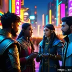 리니지2M 월드 채팅 활용법 - A vibrant, futuristic MMO game world chat scene featuring diverse avatars of players exchanging frie...