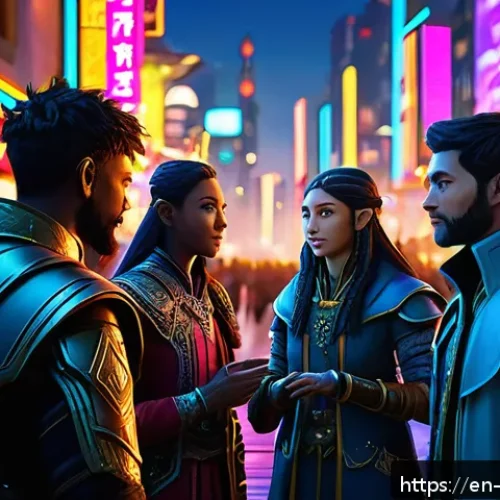 리니지2M 월드 채팅 활용법 - A vibrant, futuristic MMO game world chat scene featuring diverse avatars of players exchanging frie...