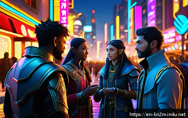 리니지2M 월드 채팅 활용법 - A vibrant, futuristic MMO game world chat scene featuring diverse avatars of players exchanging frie...