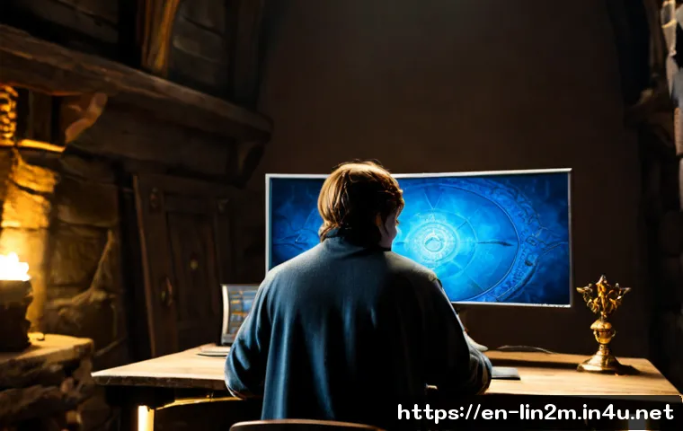 Home 17 리니지2M 희귀 장비 획득 - Photorealistic gaming desk scene, focused adult player viewed from behind using a desktop computer d...